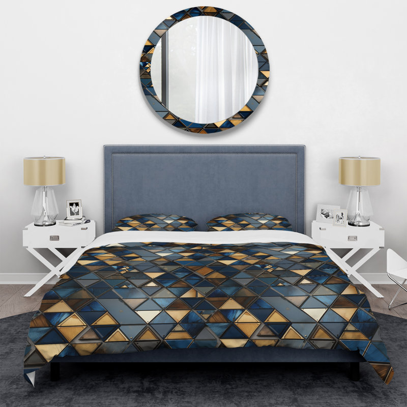 Natural Tones Grey And Beige Mosaic Geometric Shapes Duvet Cover, King Duvet Cover + 2 King Shams, Geometric Shapes 9