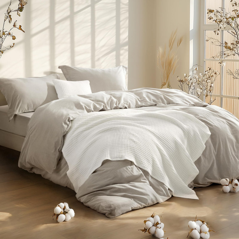 Bedsure Cotton Comforter with Throw Waffle Blanket and Decorative Pillow,Bedding Comforter Sets, Beige
