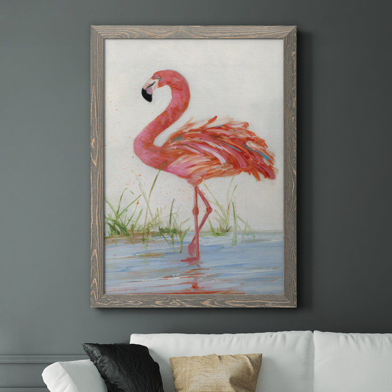 Flamant II - peinture sur toile encadrée, H 31,5 po x l 23,5 po x P 1,5 po, Encadré gris