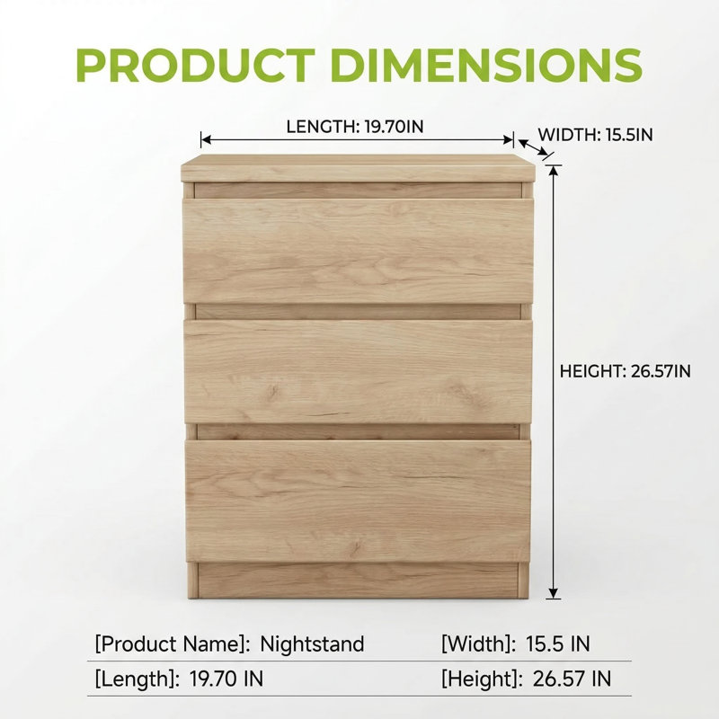 Table de chevet compacte à trois tiroirs avec conception sans poignée et plateau épaissi pour le rangement dans la chambre à coucher et le salon