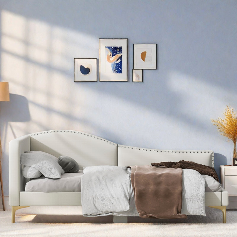 Upholstered Daybed With Headboard And Armrest, Beige, Twin