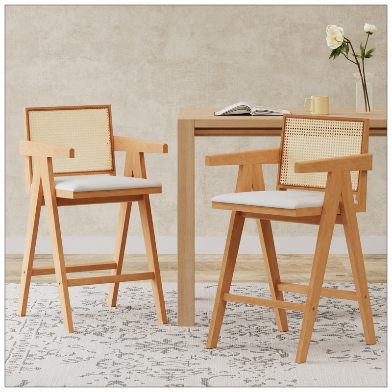 Tabouret de bar à dossier en plastique tissé de 27 po de hauteur - siège en tissu rembourré de mousse et structure en bois d'hévéa durable