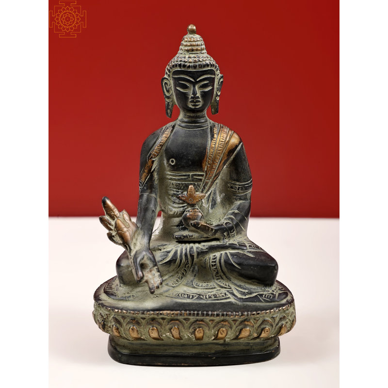 Sculpture bouddha tibétain guérisseur 5 po, Noir / vert / or
