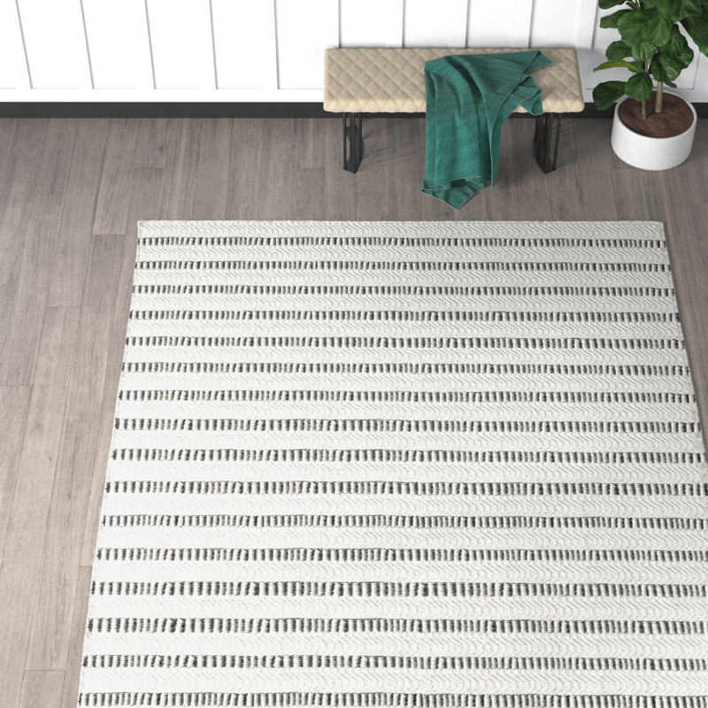 Black and Ivory Striped Wool 9' x 12' Handmade Rug