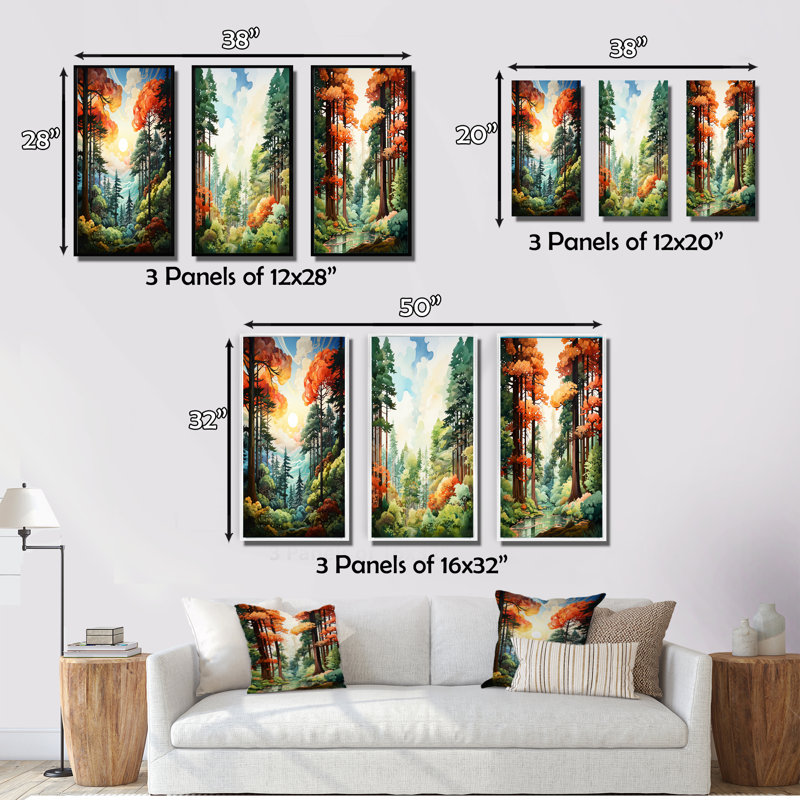 «Redwood Tree Shimmering Heights», 3 pièces sur toile, Toile tendue, H 32 po x l 16 po