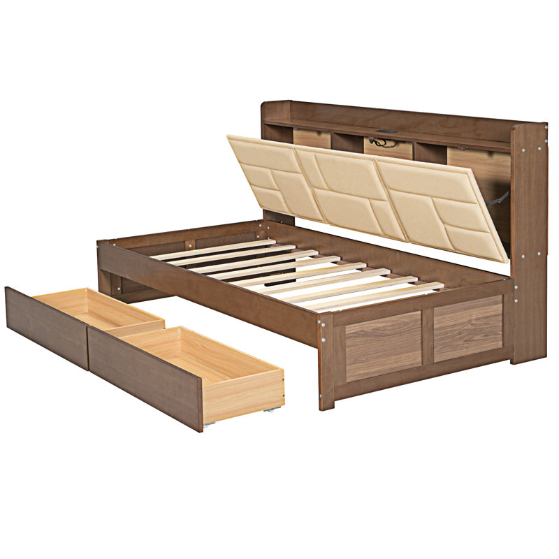 Lit de jour en bois avec tablettes de rangement rembourrées, Lit simple