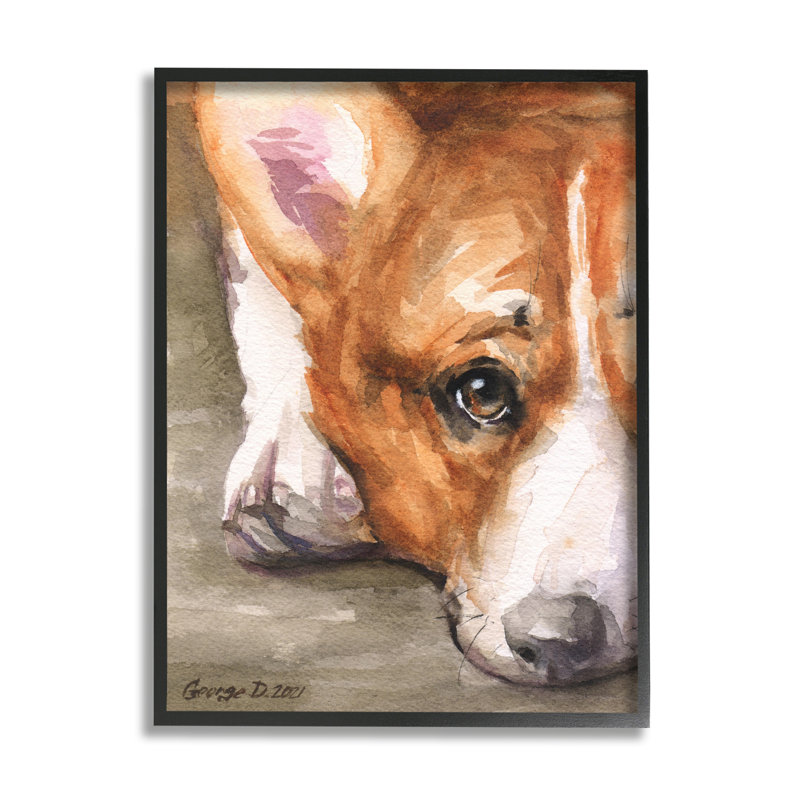 Pleasant Corgi Puppy Dog Gazing Lying Down by George Dyachenko - Floater Frame Painting on Canvas, Black Framed