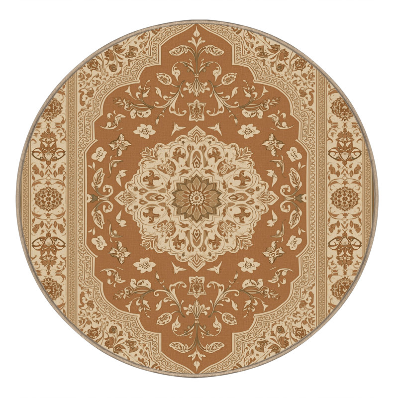 Machine Washable Paizlea Traditional Floral Rug in Brown – Binding, 4' Round