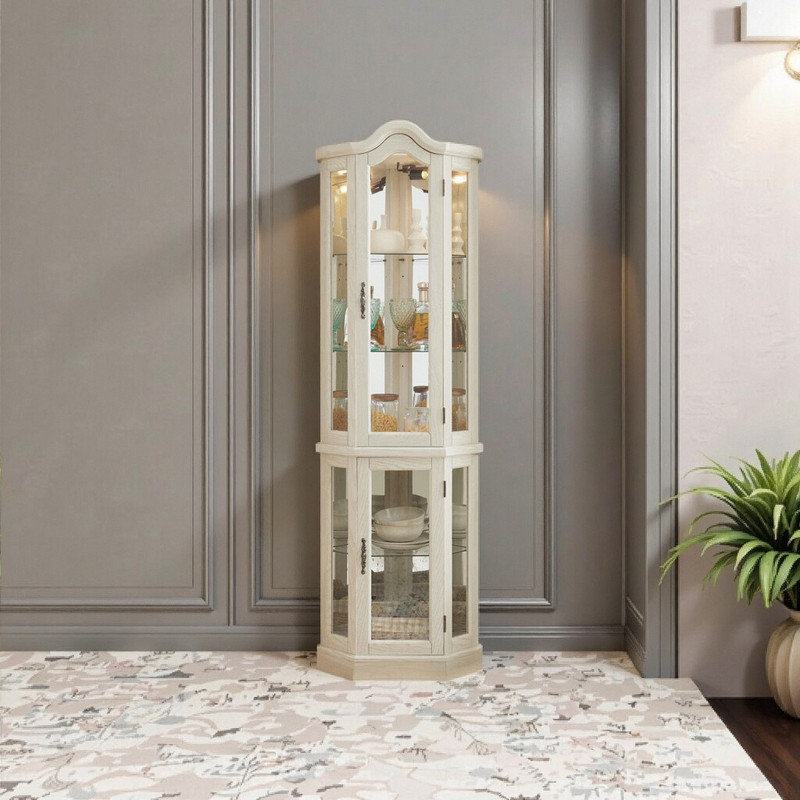 Vitrine d'angle avec tablettes réglables en verre trempé