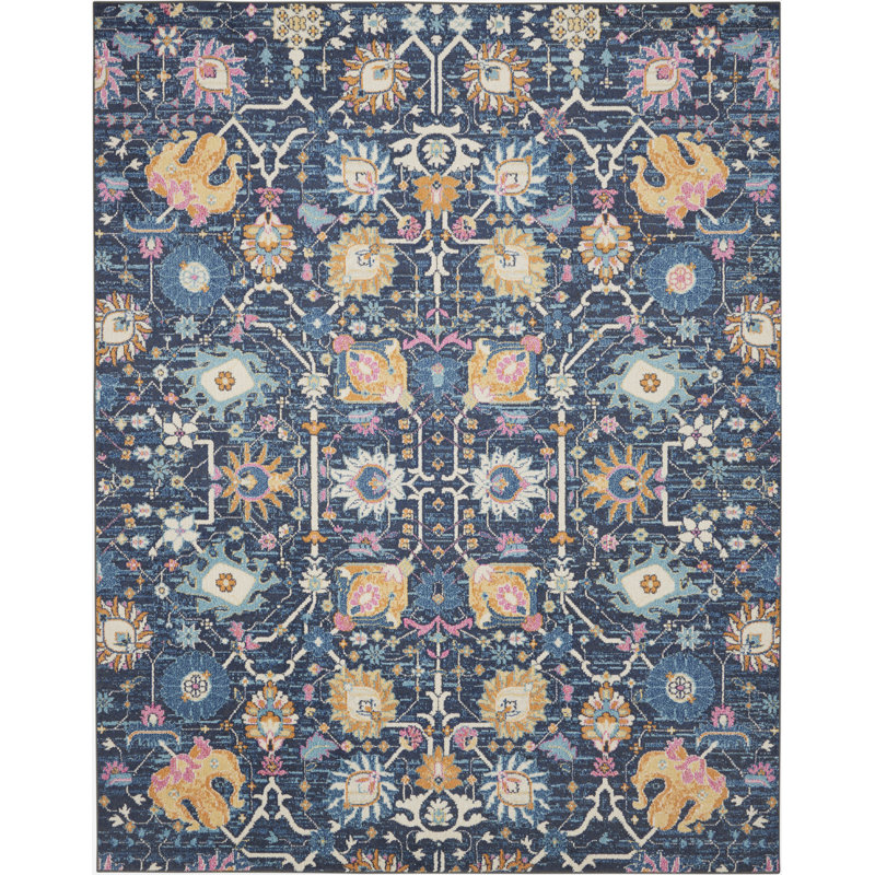Navy Bliss Floral Synthetic 8' x 10' Handmade Reversible Rug