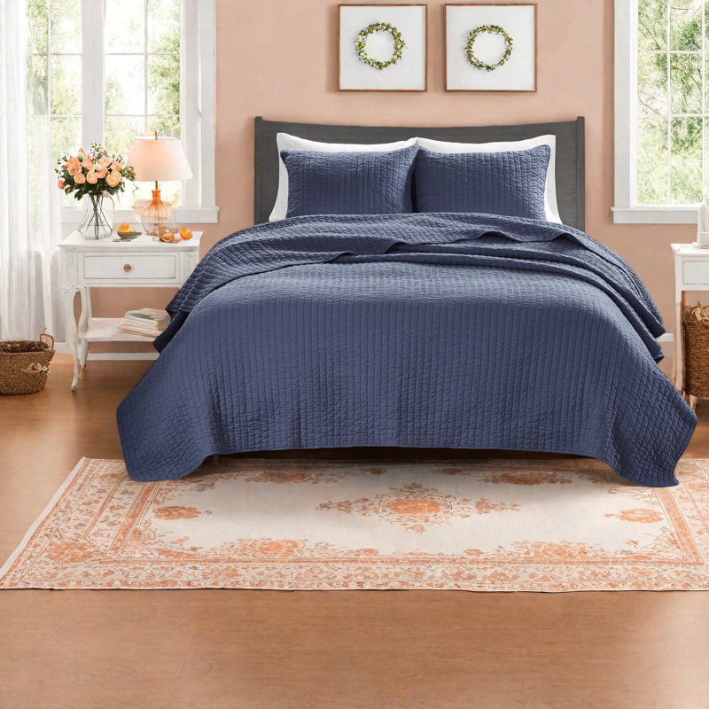 Ensembles de literie courtepointe bleu marine, microfibre de polyester de style campagnard, très grand / très grand californien pour un confort toute l'année