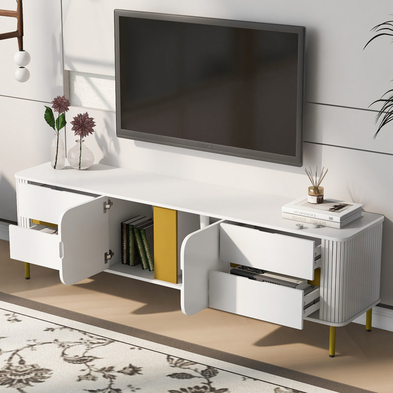 Meuble télé avec 4 tiroirs et 1 armoire spacieuse, Blanc / Blanc