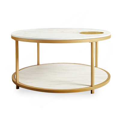 White And Gold Round Coffee Table, 34.64-Inch Living Room Coffee Table, A Simple Two-Layer Tabletop With Storage Racks And Storage Trays, Modern Desig