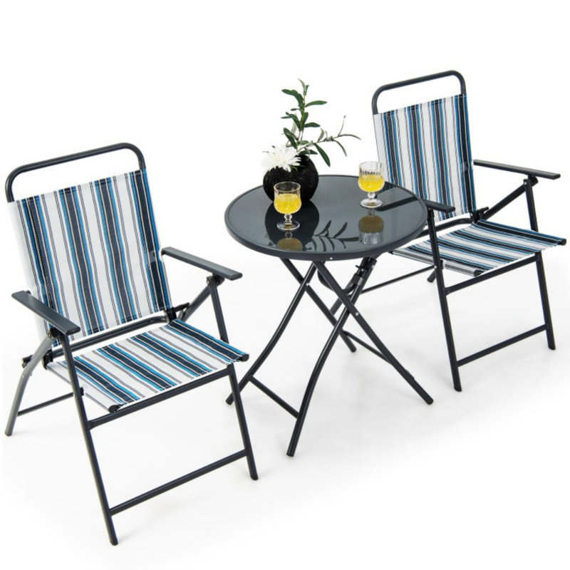 Blue Striped Metal and Fabric Outdoor Folding Chair Set