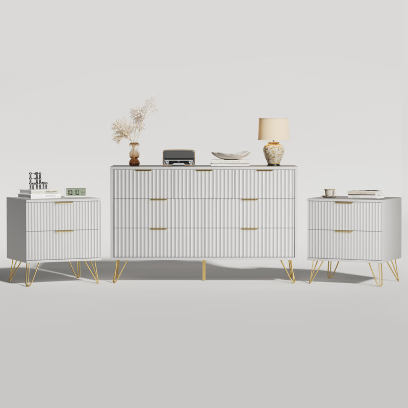 Ensemble de chambre à coucher avec lit cannelé 3 pièces, commode 7 tiroirs et 2 tables de chevet, White