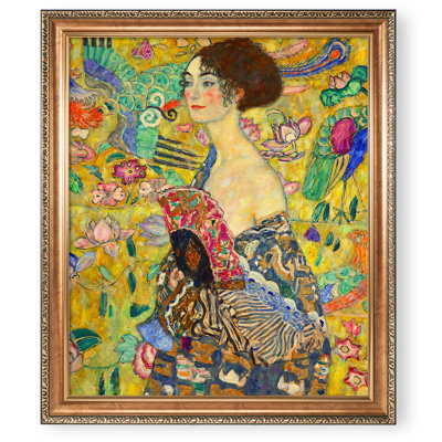 «Lady with Fan» par Gustav Klimt, taille encadrée: 34,5 po x 28,5 po, taille de l'image: 30 po x 24 po, cadre de gaufrage doré luxueux reproductions d'art classique du monde, art mural pour la décoration intérieure
