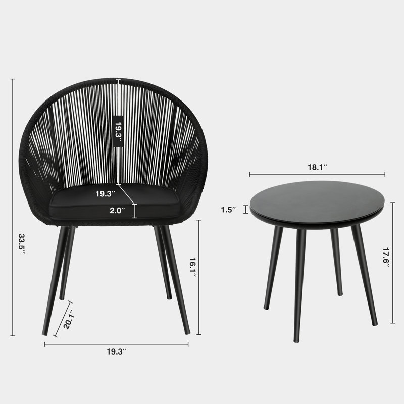 Ensemble de salle à manger 29,5 po avec coussins Round, Noir / noir