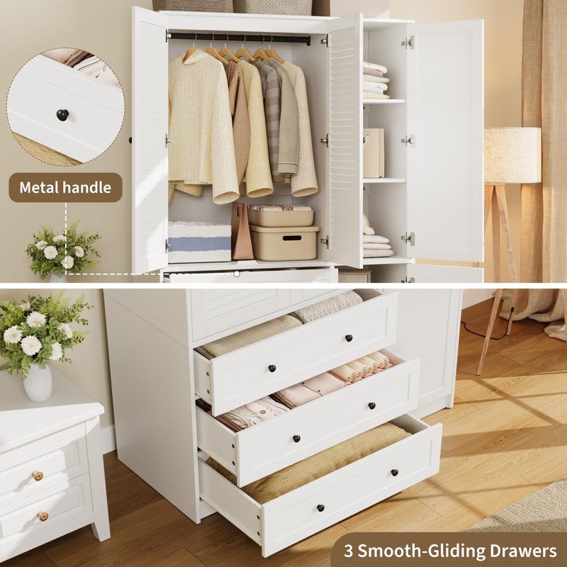 Miroir de garde-robe 70 po en bois et 3 tiroirs, grande armoire autoportante pour le rangement de la chambre à coucher, blanc