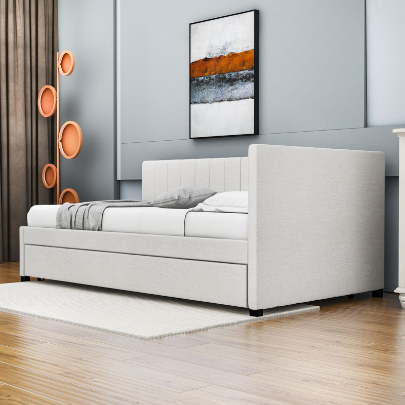 Yasmir Upholstered Sofa Daybed with Trundle, Twin, Beige