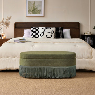 Repose-pieds ovale rembourré avec rangement à franges et couvercle relevable - L 39 po x l 16 po x H 17 po, repose-pieds multifonctionnel et rangement caché pour le salon ou la chambre à coucher - Tissu vert avec structure en métal