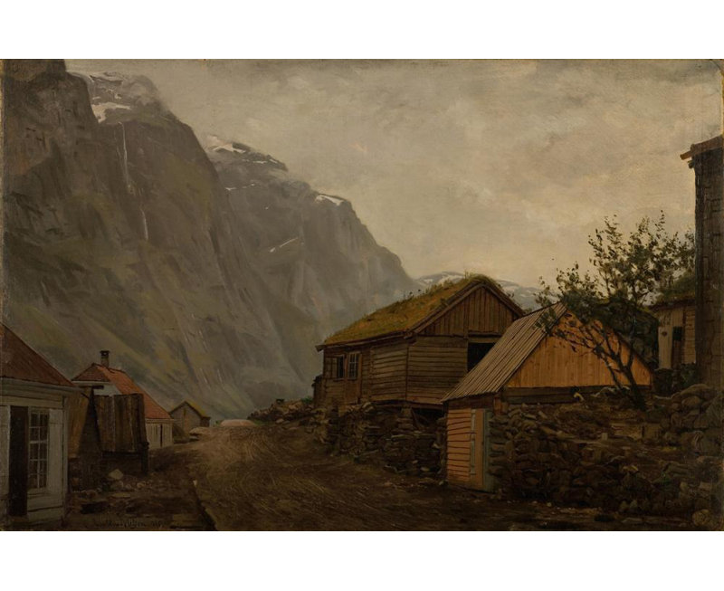 «Rainy Mood, Gudvangen» par Amaldus Nielsen, reproduction d'art sur toile tendue avec châssis, H 48 po x l 33 po