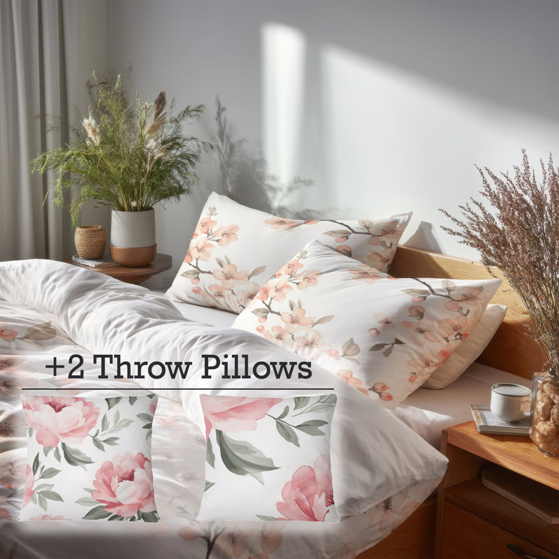 Ensemble d'édredon floral 6 pièces - Verger doux rose avec taies décoratives et coussins décoratifs