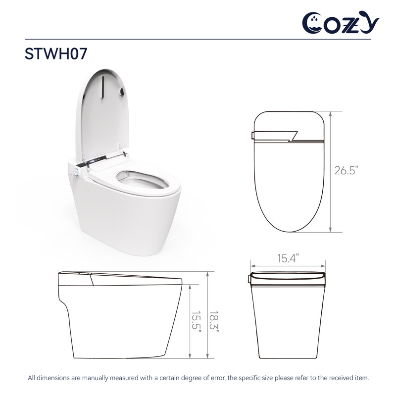 Elongated One Piece Smart Toilet with LED Display, Warm Wash/Dryer, Remote Control, Soft-closing, Heat Seat, Auto Flush, Night Light