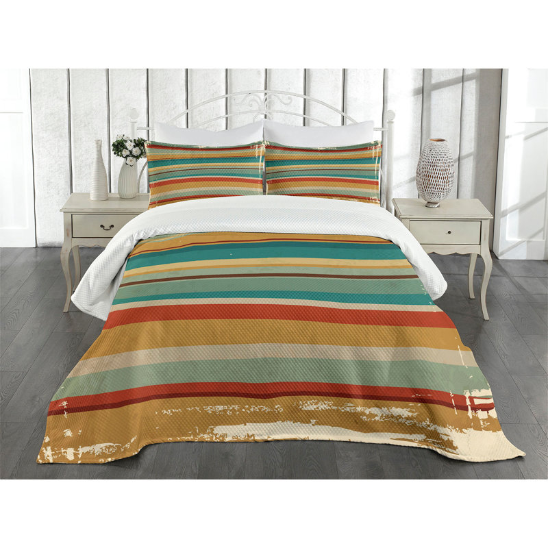 Brown and Multicolor Striped Queen Quilted Bedspread Set
