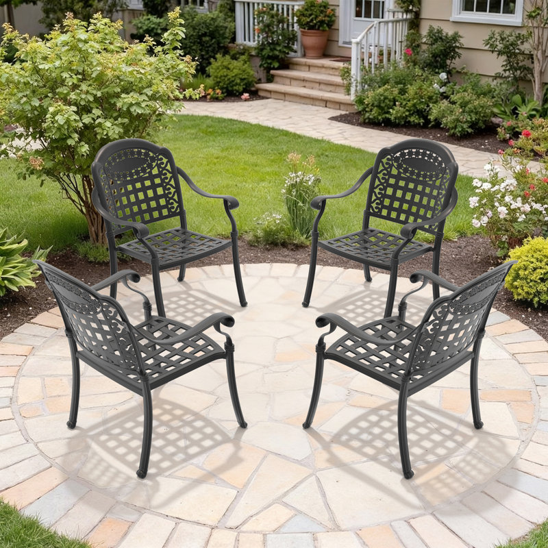 Chaise de patio en fonte d'aluminium 4 pièces avec cadre noir et coussins bleus