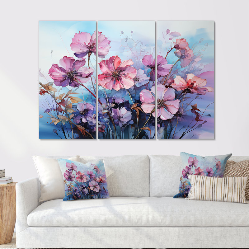 Fleurs roses et mauves, hortensias paradisiaques, ensemble d'art mural sur toile, Toile tendue, H 32 po x l 48 po x P 1 po