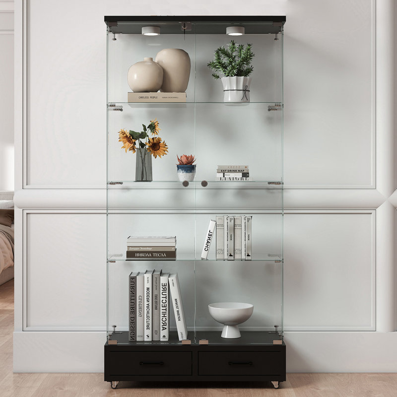 Vitrine moderne en verre avec 2 grands tiroirs, Noir