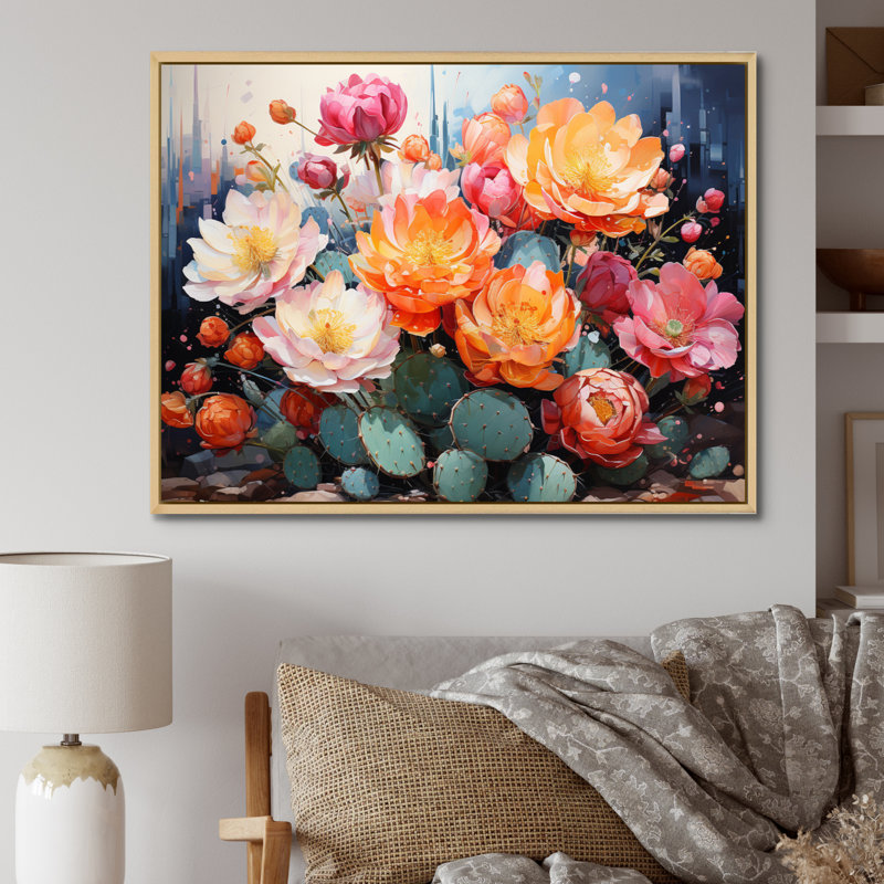Acrylique multicolore I Peach - Représentation de cactus vert pêche, H 12 po x l 20 po x P 1 po, Cadre photo noir