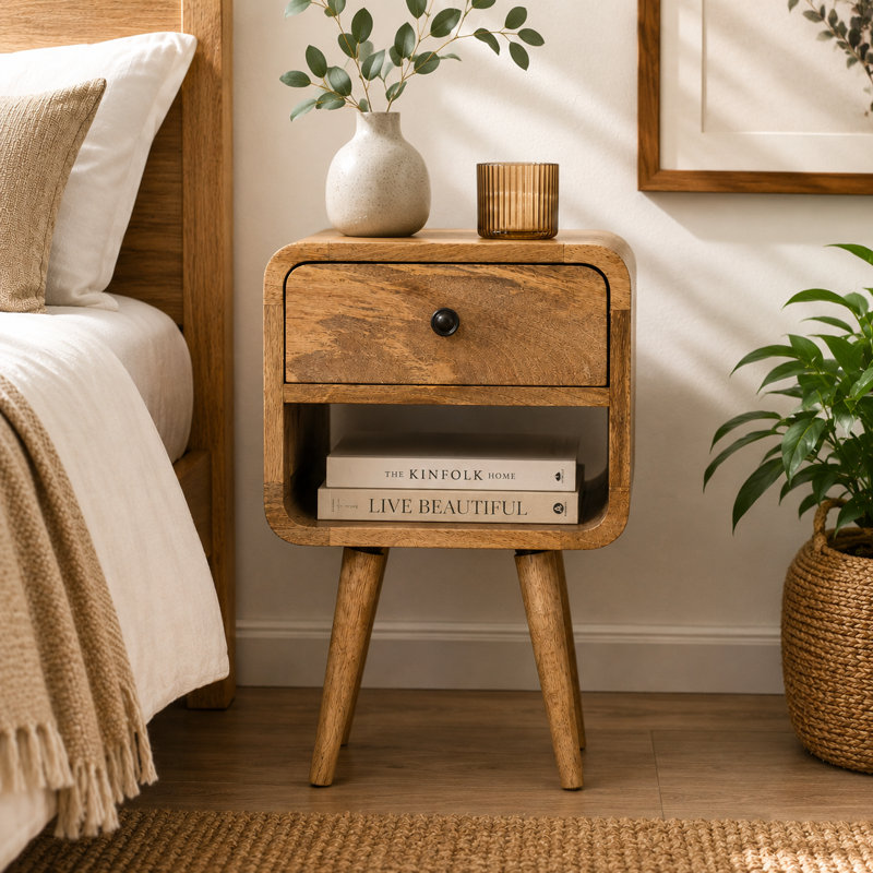 Bressyln 30cm W Solid Wood Bedside Table, Beige