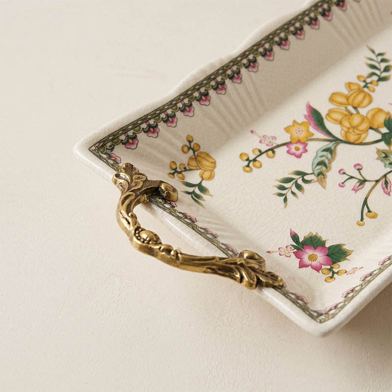 Plateau de service Floral Garden Porcelain avec poignées en laiton antique