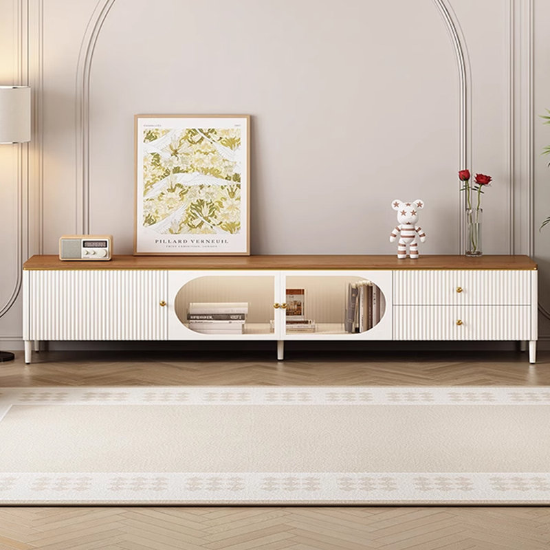 Meuble télé moderne et minimaliste en bois massif, Brun / Blanc, H 17,71 po x L 86,61 po x l 15,74 po