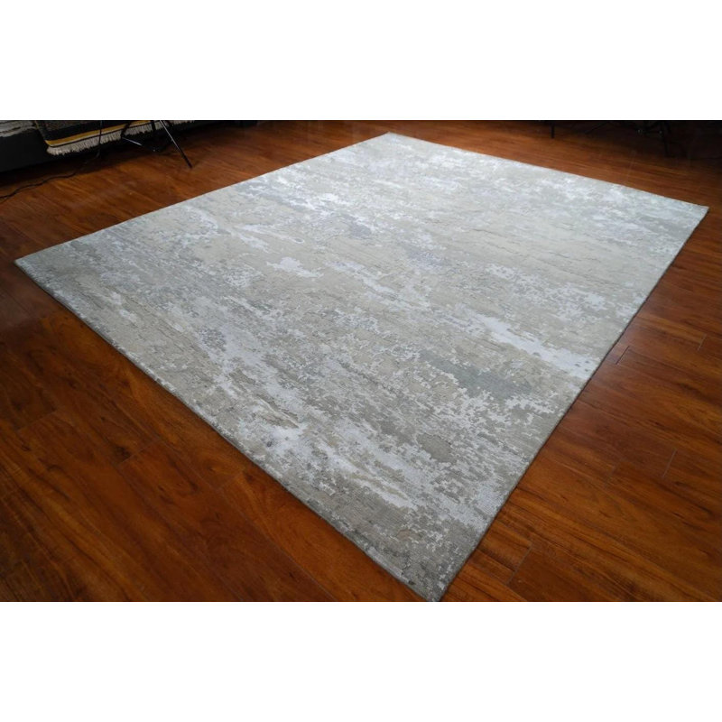 Tapis abstrait 8 x 10 po, tapis en soie en laine noué à la main, tapis contemporain gris beige, tapis neutre texturé de luxe moderne délavé