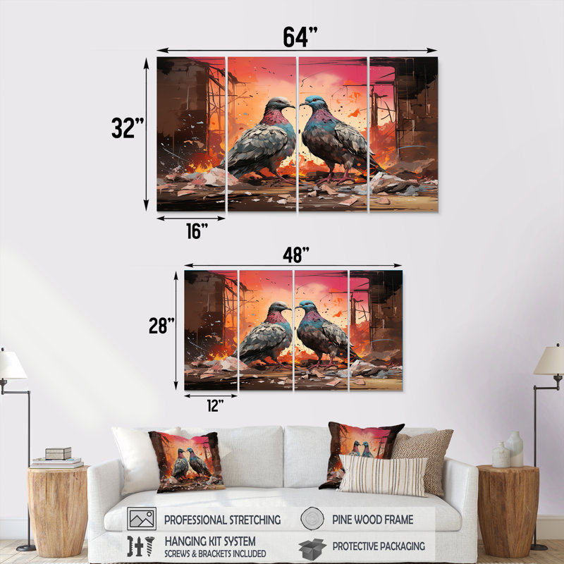 Gris et rose, ensemble d'art mural 4 pièces Serenade I - Pigeon, H 28 po x l 48 po