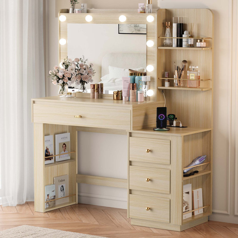 Makeup Vanity Desk With Mirror And 3 Colors Lights, Vanity Table With 10 Led Bulbs & Power Outlet, Large Dressing Table With 4 Drawers, 6 Storage Shelves For Bedroom, Oak