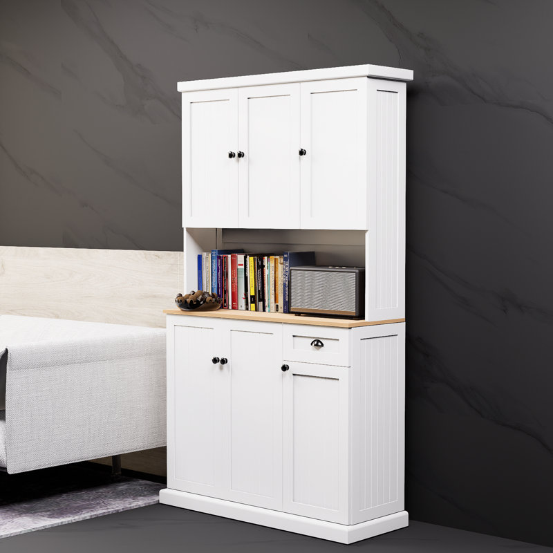 Armoire de cuisine blanche avec comptoir à micro-ondes, armoire autoportante avec tablettes réglables, 6 portes et 1 tiroir