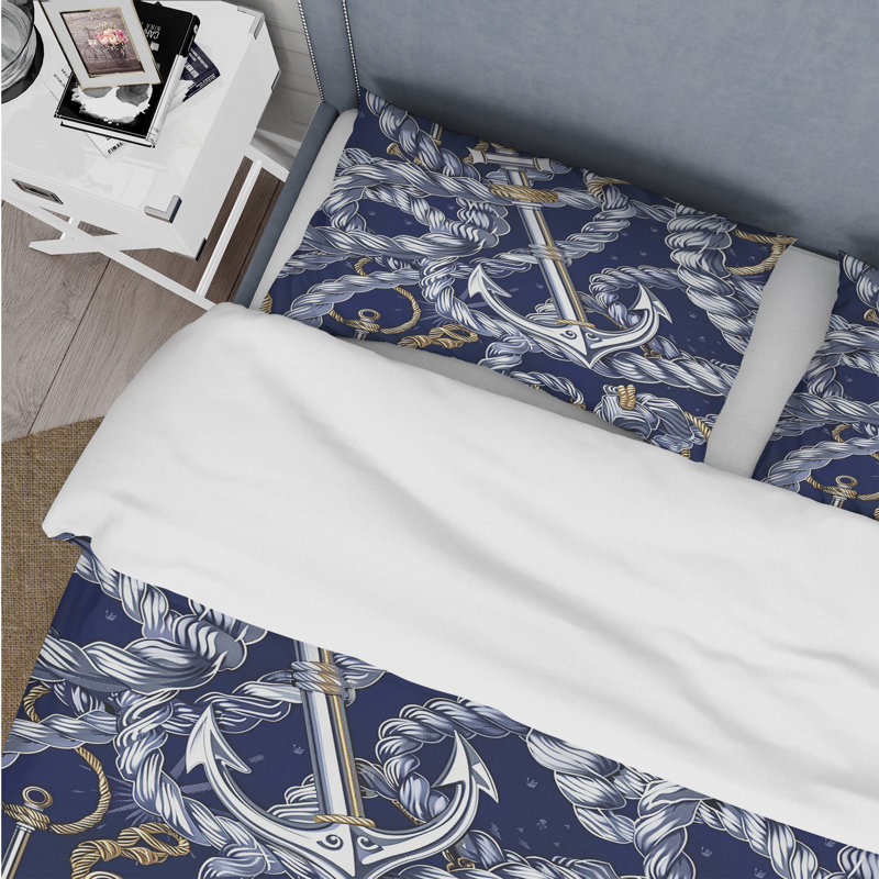 Ensemble de housse de couette bleu et blanc Coastal Anchor, Housse de couette simple et deux taies décorative