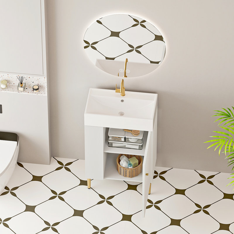 21.6" Open-Shelving Bathroom Vanity With Ceramic Sink And Soft-Closing Door, Cloakroom Open Shelf Storage Cabinet On The Left Side, Assembly Required, White 24VB06-21WHL