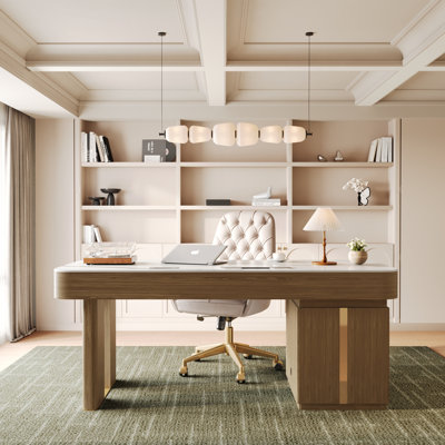 Bureau de direction de luxe de 180 cm (71 po), plateau en pierre frittée, table de PDG avec 5 tiroirs, prises électriques et ports USB intégrés, piètement en bois, grand bureau moderne pour la maison et le bureau.