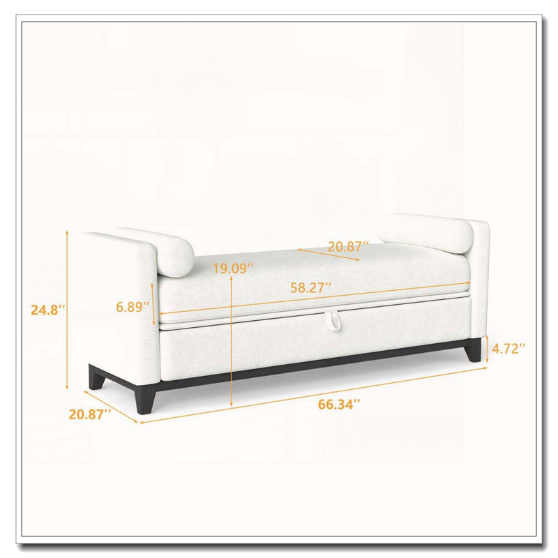 Solid Wood Upholstered Bench, 66 Inch+Storage, Beige + noir