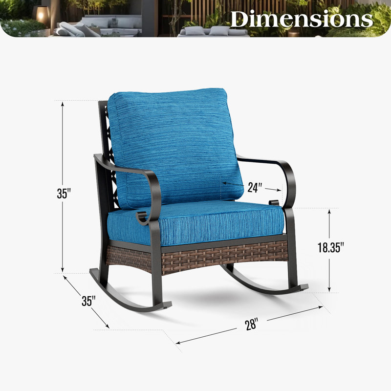 Chaise longue berçante et coulissante en métal, Coussin bleu paon / cadre noir