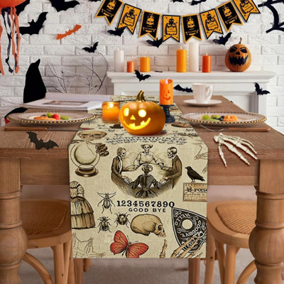 Chemin de table d'Halloween, nappe rétro vintage à motif de crâne gothique pour la fête des morts, décorations d'Halloween pour la maison, dimensions : 33 x 229 cm, polyester.