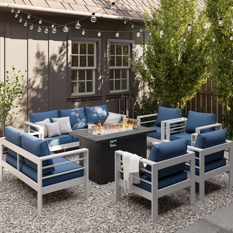 9-Person Sofa Seating Group With Fire Pit, Beige Cushion/White Frame