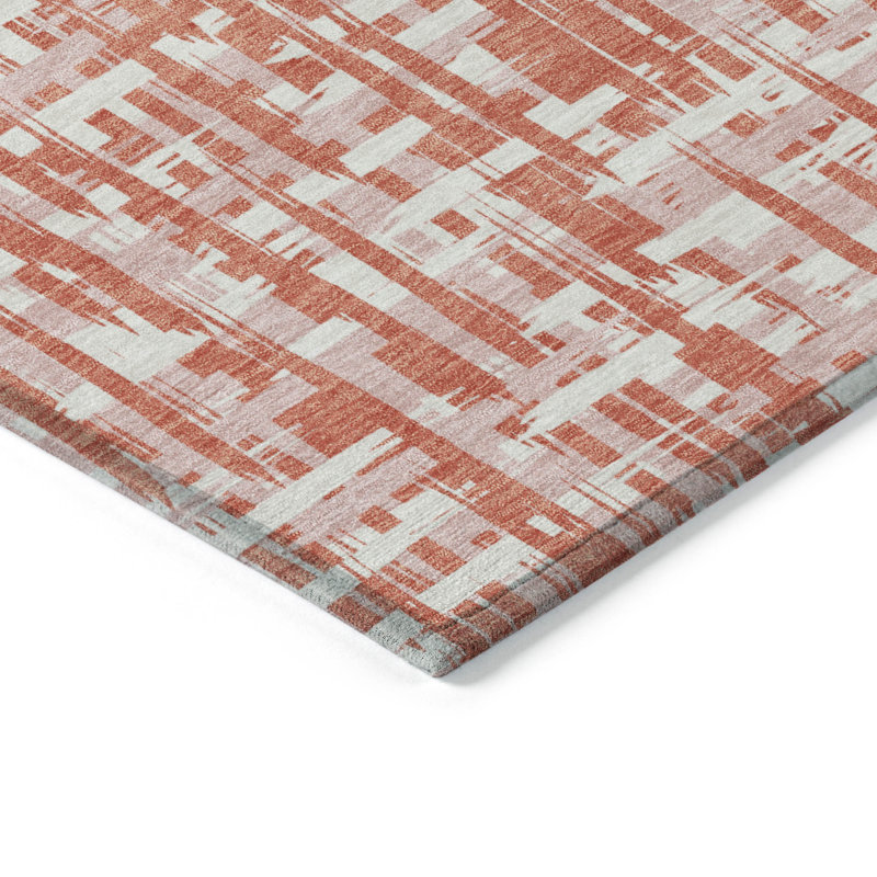 Coral and White Synthetic Washable Rectangular Rug