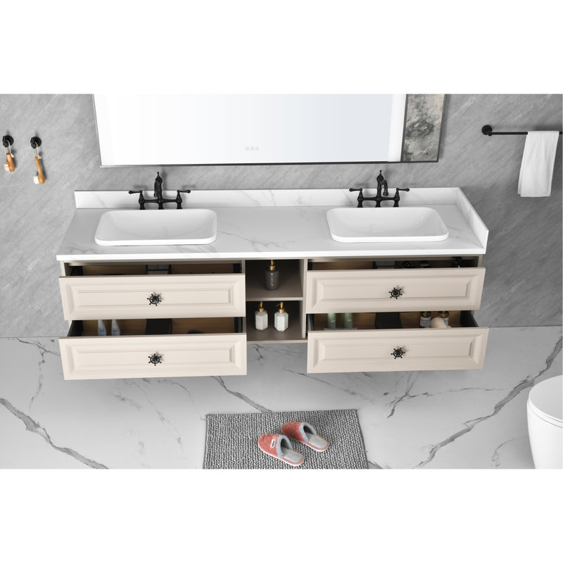 L'armoire de meuble-lavabo mural convient aux lavabos doubles et au cabinet seulement (comptoir et lavabos non inclus)