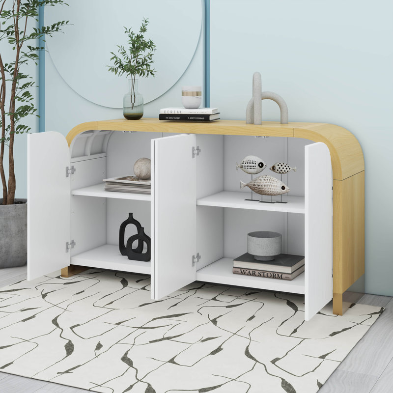 4-Door Curved Corner Modern Storage Cabinet With Wavy Wave-Textured Panels, Adjustable Shelves, White