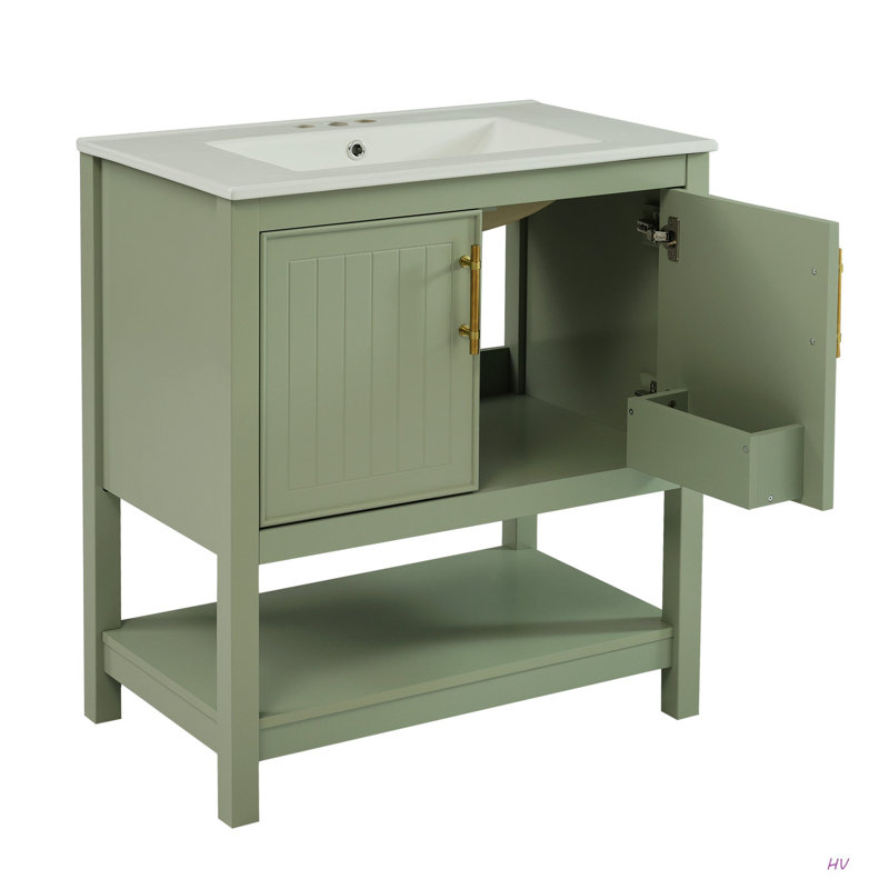 Meuble-lavabo de 30 pouces avec lavabo en céramique et rangement polyvalent - idéal pour les petites salles de bain, Vert